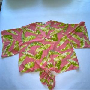 Aura Tie Front Top Pink with Green Leaves Size M